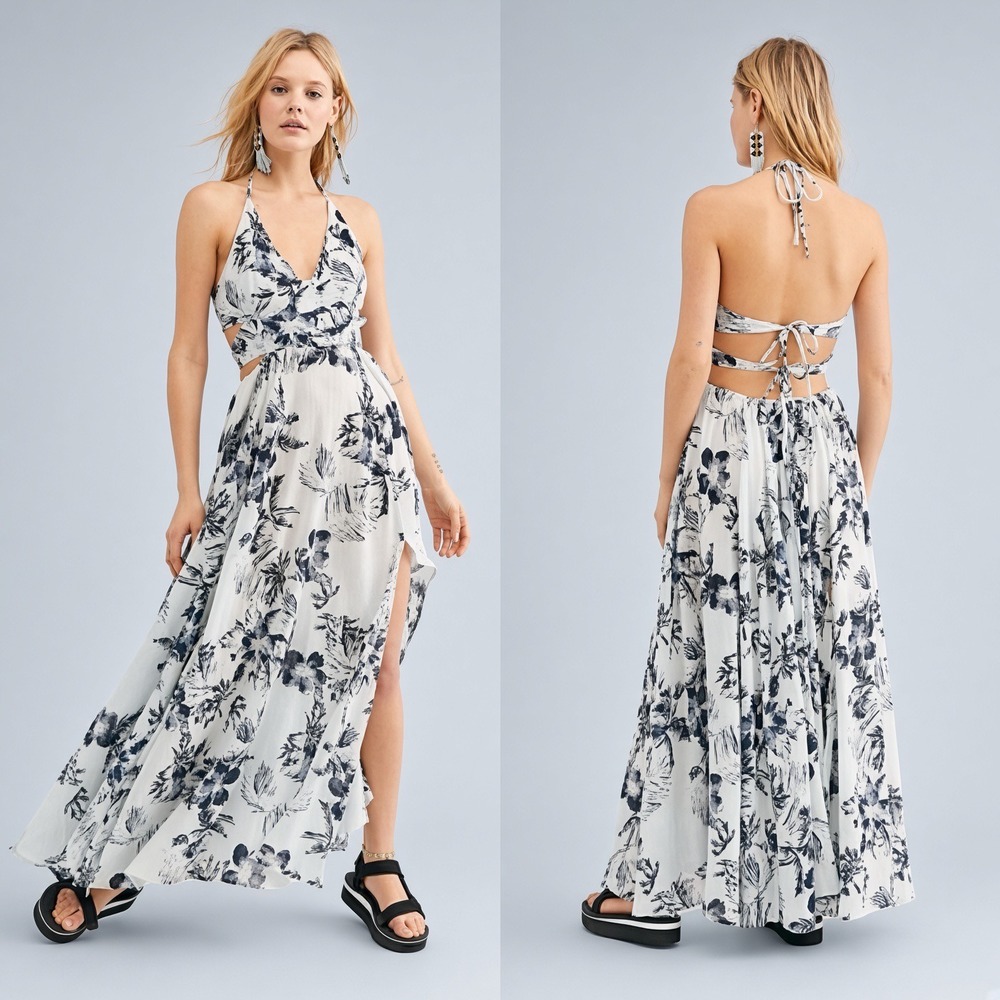 Free People Lille Printed Maxi Dress Blue Floral Halter Cutout Size Small Boho
